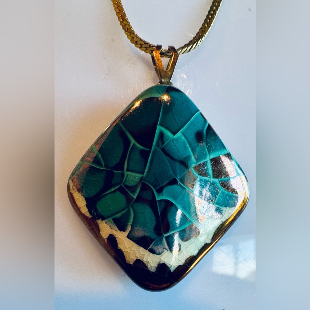 Denise Mortier Turquoise Gold Tone Porcelain Earrings & Necklace